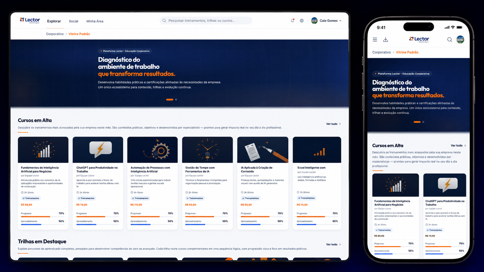 Interface do LMS Lector, trilhas, turmas e aprendizado