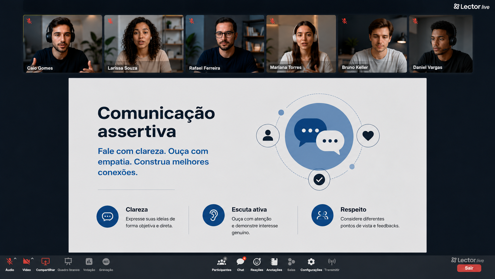 Interface de webconferência Lector, sala ao vivo com participantes e controles